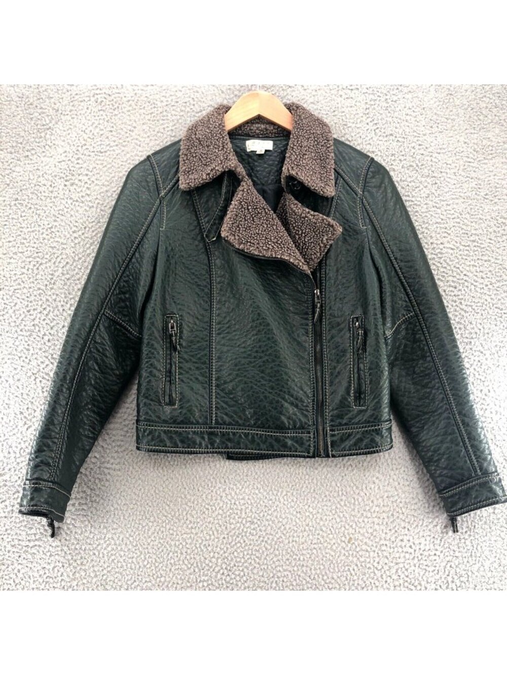 Max Studio Coat Womens Medium Green Pebbled PU Specialty Bomber Jacket Pockets